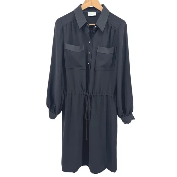 ST. JOHN‎ Black Crepe Silk Blend Long Sleeve Collared Shirt Dress Drawstring 12 - Picture 2 of 9